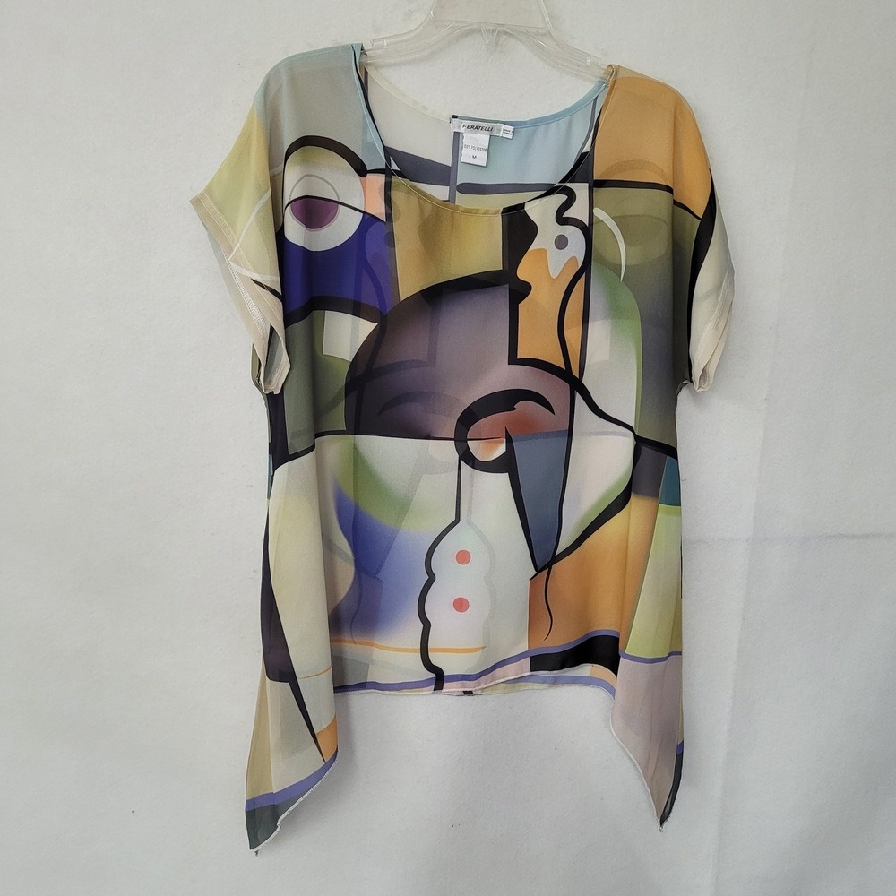 Feratelli Shirt Womens Medium Abstract Print Sheer Tunic Art To Wear Blouse Top‎
